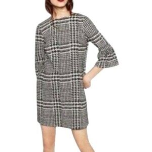 Zara Black White Plaid Bell Sleeve Zip Back Dress Size S